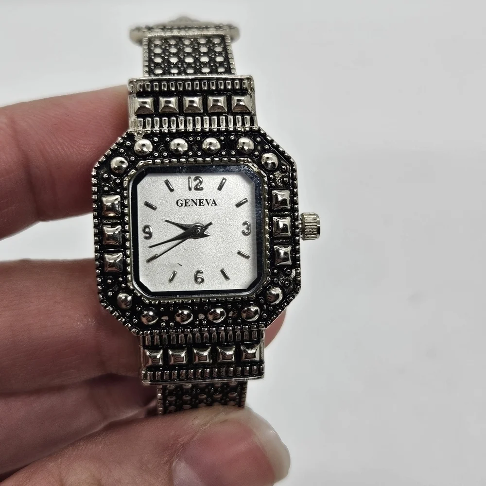 Geneva silver tone cuff bracelet watch